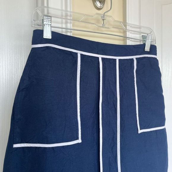Banana Republic Size 4 Navy White Above Knee Contrast Lines Skirt in Linen Blend - Picture 4 of 7